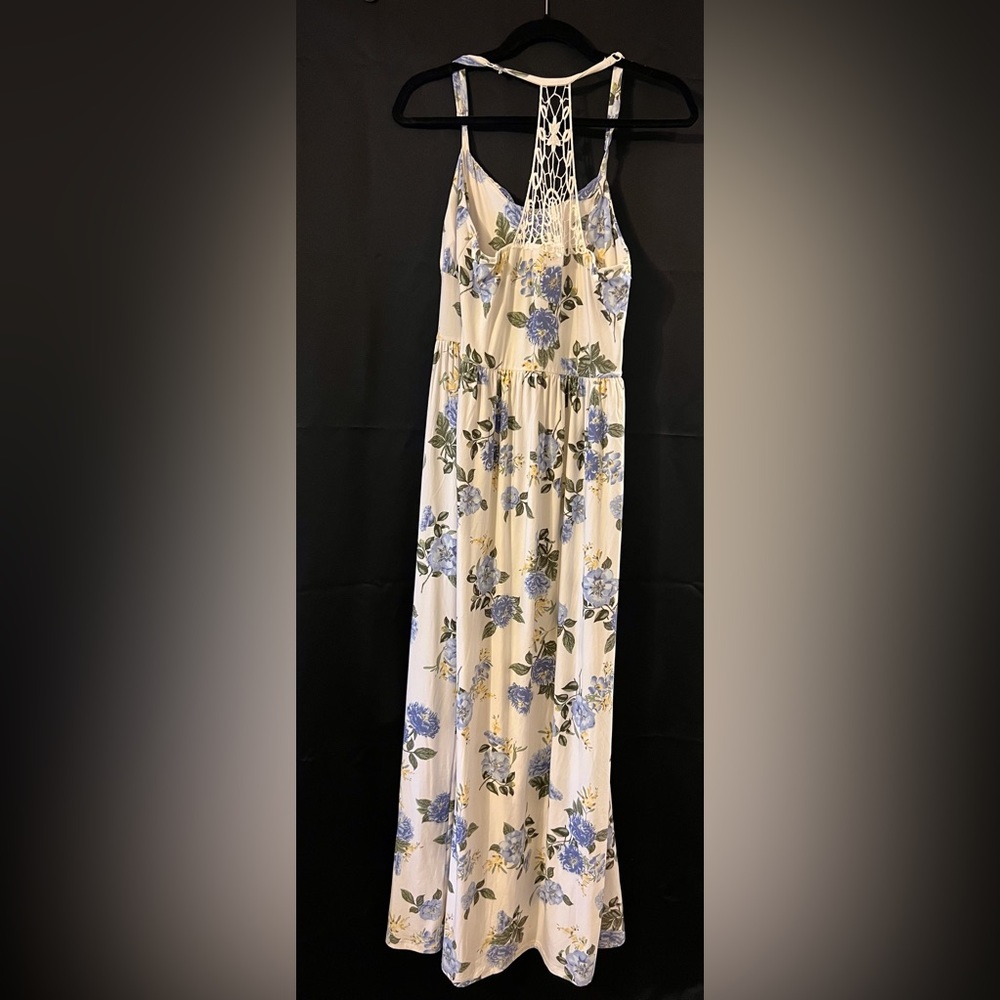 Floral maxi halter dress, blue and yellow flowers